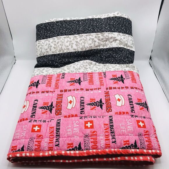 Handmade Comforter Throw Blanket Machine Quilted Nurses Support 56x43 Inches - Picture 1 of 12